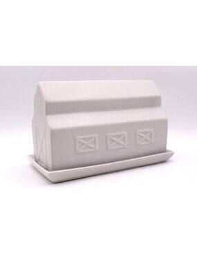 Stoneware Barn Butter Dish Keeper Lid Tray Grey 8x4x5" Double Sticks Farmhouse